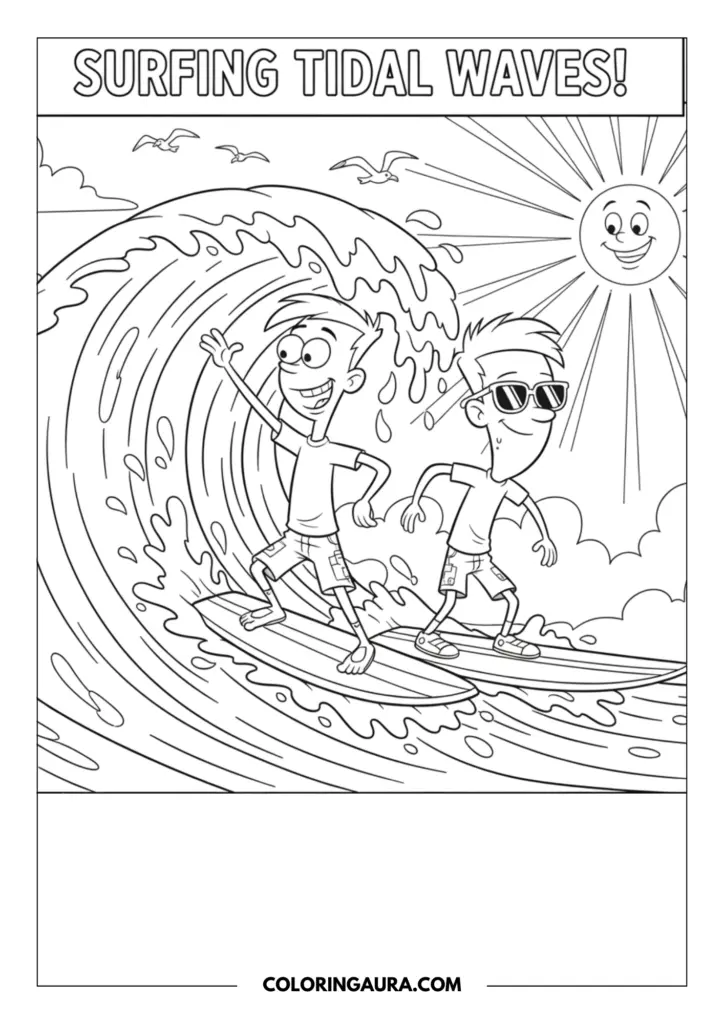Outline of two adventurous brothers wearing board shorts and sunglasses, happily surfing on top of a massive tidal wave beneath a bright, smiling sun and flying seagulls.