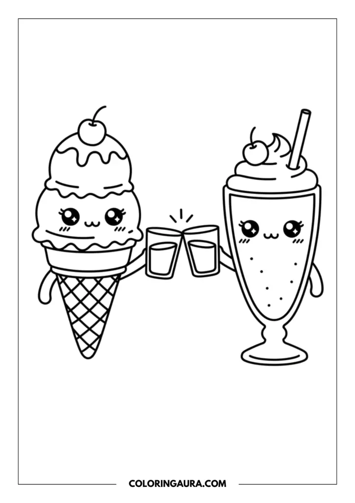 Line art coloring page showing an adorable two-scoop ice cream cone and a whipped-cream milkshake clinking tiny glasses together in a toast. Both cute characters feature sparkling kawaii eyes, blushing cheeks, and joyful smiles.