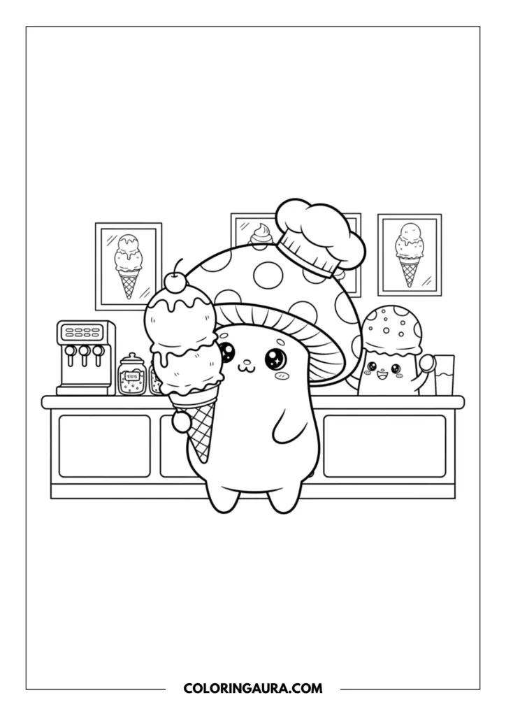 Line art coloring page showing a cute mushroom character with big sparkle eyes wearing a chef hat, holding a giant two-scoop ice cream cone with a cherry on top, standing at an ice cream parlor counter with a tiny smiling mushroom friend.