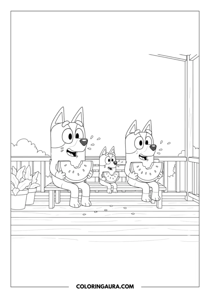 Line art coloring page showing the Heeler family sitting together on their beautiful wooden veranda, happily eating large, sweet slices of watermelon and spitting out the seeds. The crisp, unshaded drawing captures a warm, nostalgic summer moment waiting for your colors.