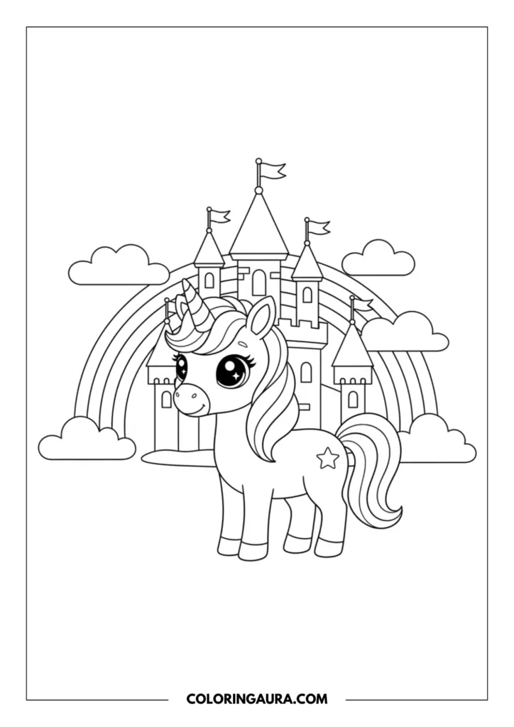 Line art coloring page showing a cute baby unicorn with big sparkly eyes standing majestically in front of a beautiful princess castle. The background includes flying flags on towers, fluffy clouds, and a large rainbow in clean black-and-white outlines perfect for coloring.