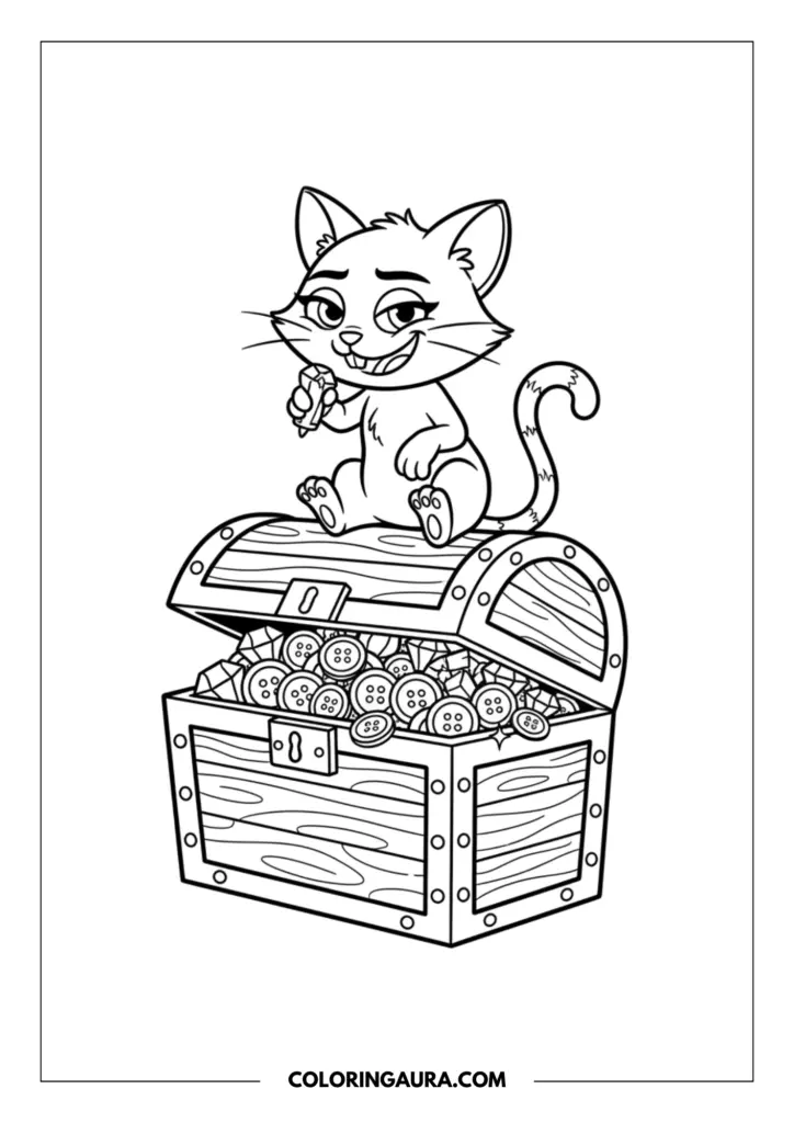 Outline of CatRat from Gabby's Dollhouse sitting proudly on top of a classic wooden treasure chest. The chest is overflowing with his favorite shiny buttons and sparkling gems, offering a delightful and engaging coloring experience for your creative spirit.