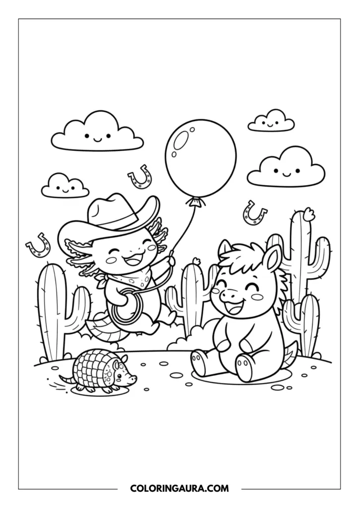Line art coloring page showing a cute cowboy axolotl wearing a large hat and bandana, holding a lasso rope attached to a floating round balloon. A chubby, smiling baby horse sits happily on the ground, and a tiny armadillo crawls nearby. The playful background includes tall desert cacti, floating horseshoes, and fluffy clouds with cute smiling faces. Clean, thick outlines in a simple kawaii style.