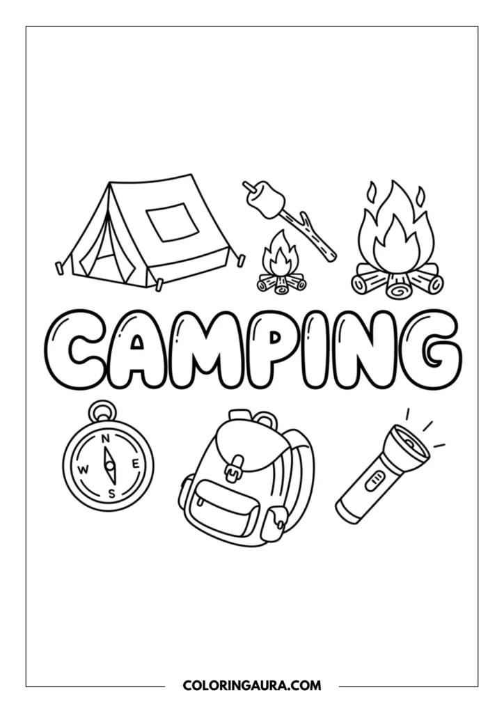 Line art coloring page showing a fun camping doodle collage. The word "CAMPING" is centered in bold bubble letters, surrounded by simple outlines of a pitched tent, a roasted marshmallow on a stick, a warm campfire, a directional compass, a travel backpack, and a flashlight.