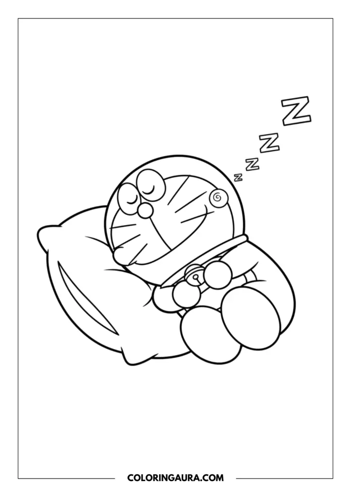 Outline of Doraemon taking a peaceful, quiet nap. He is resting his head comfortably on a large, fluffy pillow with cartoon sleeping Zs floating gently in the air above him. Clean, crisp, continuous black-and-white lines perfectly simple for mindful coloring.