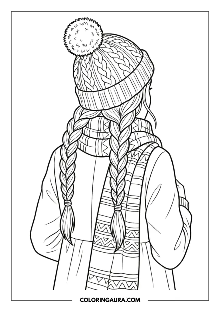 Outline of a young girl from behind wearing a textured knit pom-pom beanie, a patterned scarf, and long braided hair.