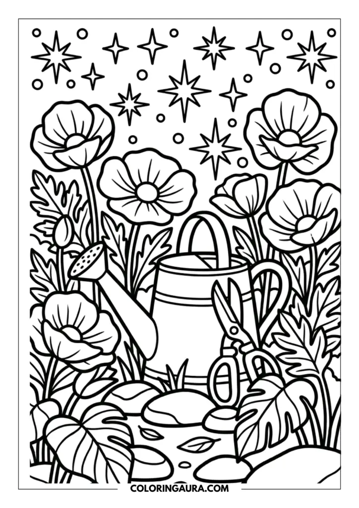 : Line art coloring page showing a vintage watering can and garden shears surrounded by blooming poppies and stars on a whimsical forest floor.