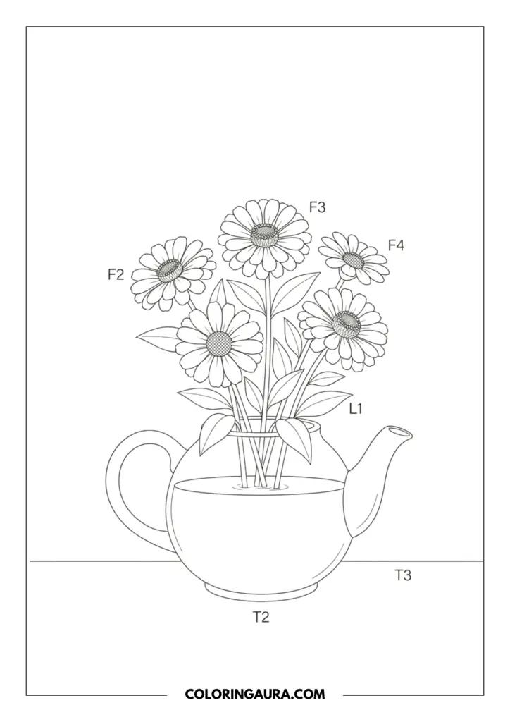 Outline of five cheerful zinnias with round centers and petals arranged in a round teapot vase, sitting on a simple wooden tabletop.