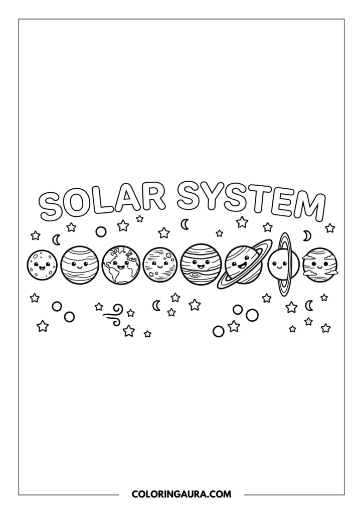 Outline of the entire solar system with eight happy planets in a row, each featuring a unique cute face, floating among stars and crescent moons.