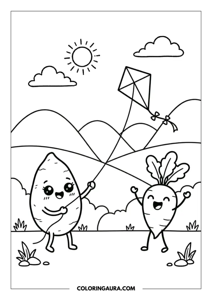 Line art coloring page showing a cute sweet potato with big sparkly kawaii eyes, flying a kite with a happy radish friend. Rolling hills, a sun, and clouds are in the background.