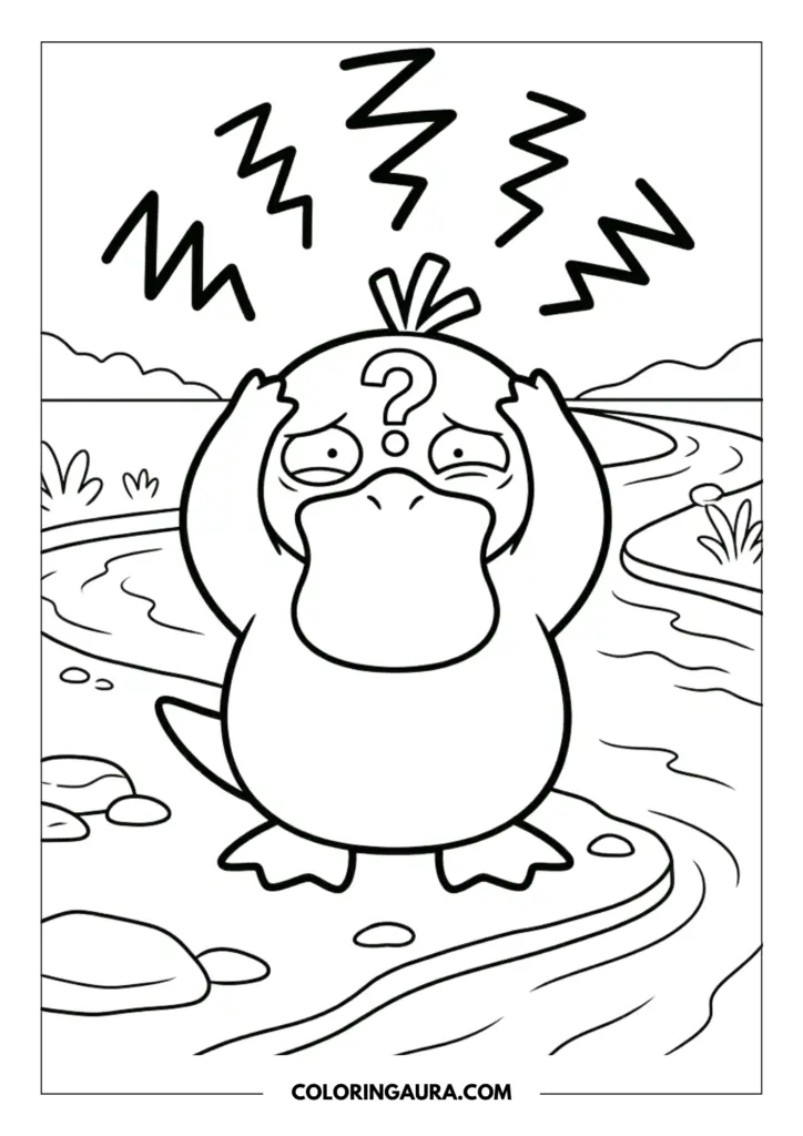 Line art coloring page showing a confused Psyduck holding its head by a flowing river with zig-zag energy lines and distant mountains.