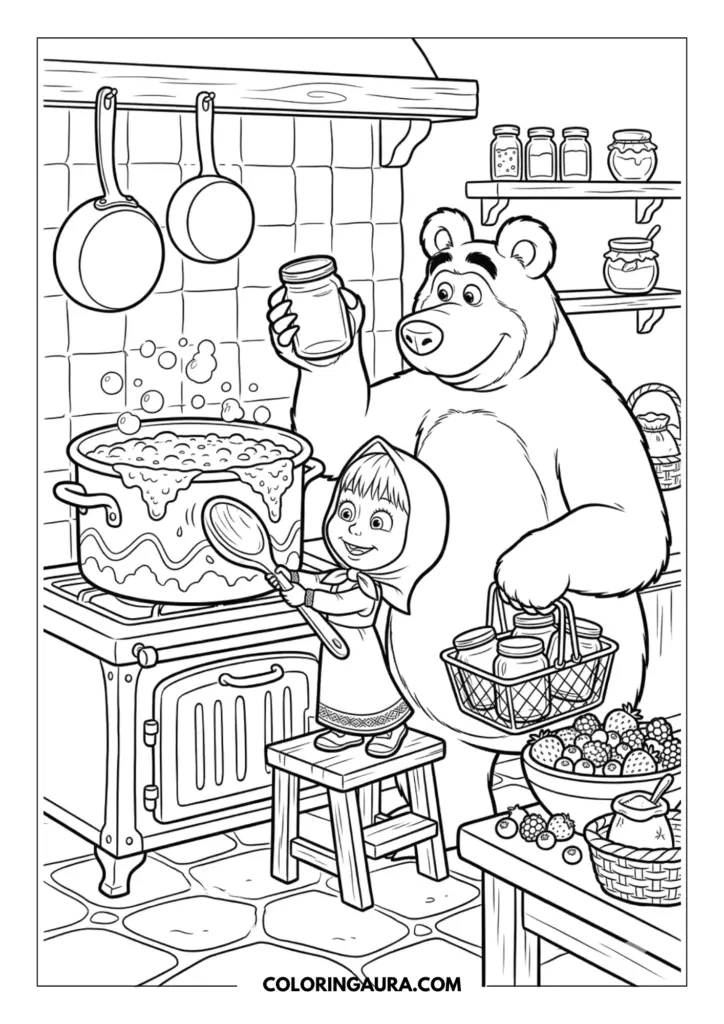 Line art coloring page showing Masha standing on a small wooden stool stirring a giant bubbling pot on a stove. The Bear stands beside her holding a glass jar and a basket filled with more jars, surrounded by bowls of fresh berries.