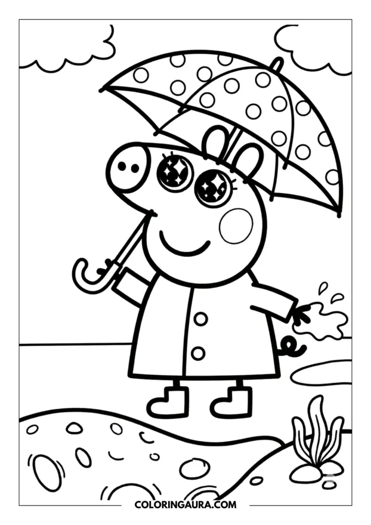 Line art coloring page showing Peppa Pig with big sparkle eyes wearing a warm raincoat and holding a polka dot umbrella while standing peacefully in the rain.