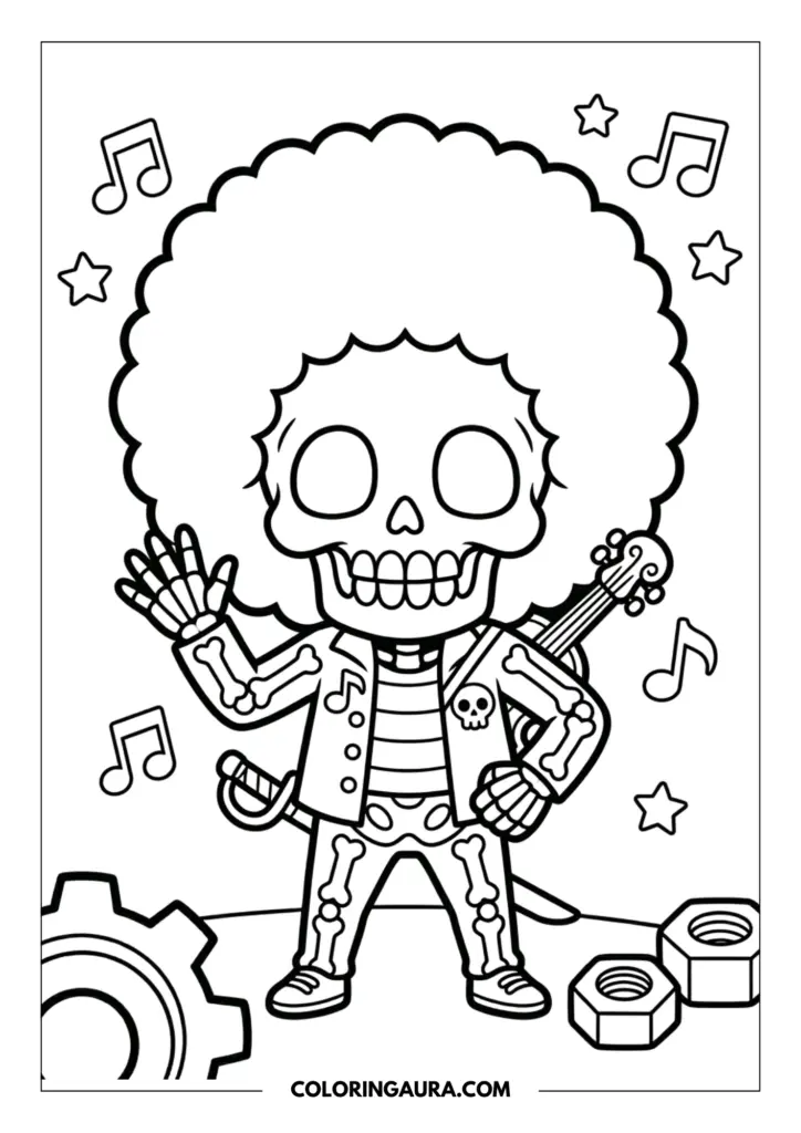 Line art coloring page showing a friendly skeleton named Brook with a large afro, wearing a cool jacket and playing his guitar amidst floating musical notes and stars.