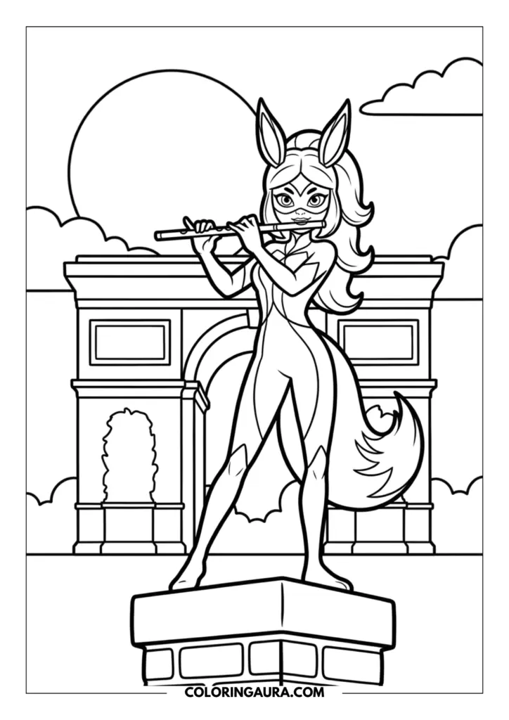 Line art coloring page showing Rena Rouge standing on a pedestal while playing her flute, with the Arc de Triomphe and a large glowing sun in the background.