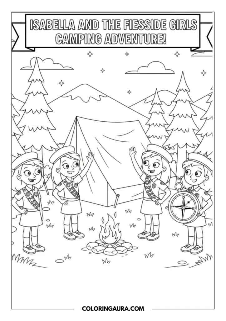 Line art coloring page showing four young scouts in their uniforms and berets standing around a cozy campfire next to a large tent, with one holding a giant compass in the peaceful woods.