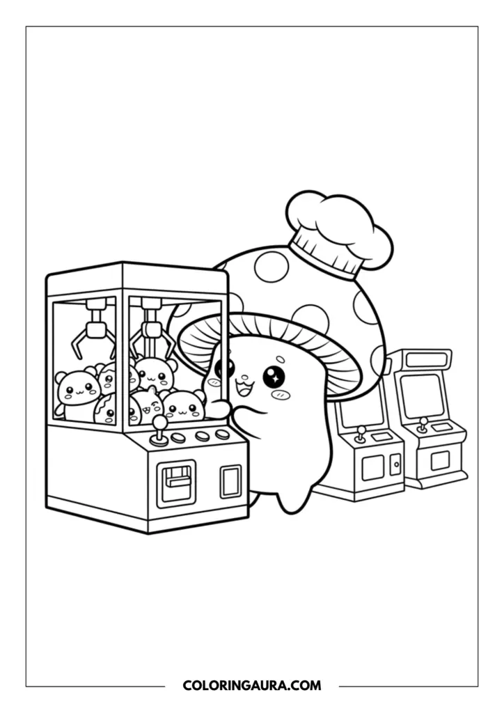 Outline of a cute mushroom character with big sparkle eyes wearing a tall chef hat, joyfully playing a toy claw machine filled with little round plushies inside a bright, fun arcade.