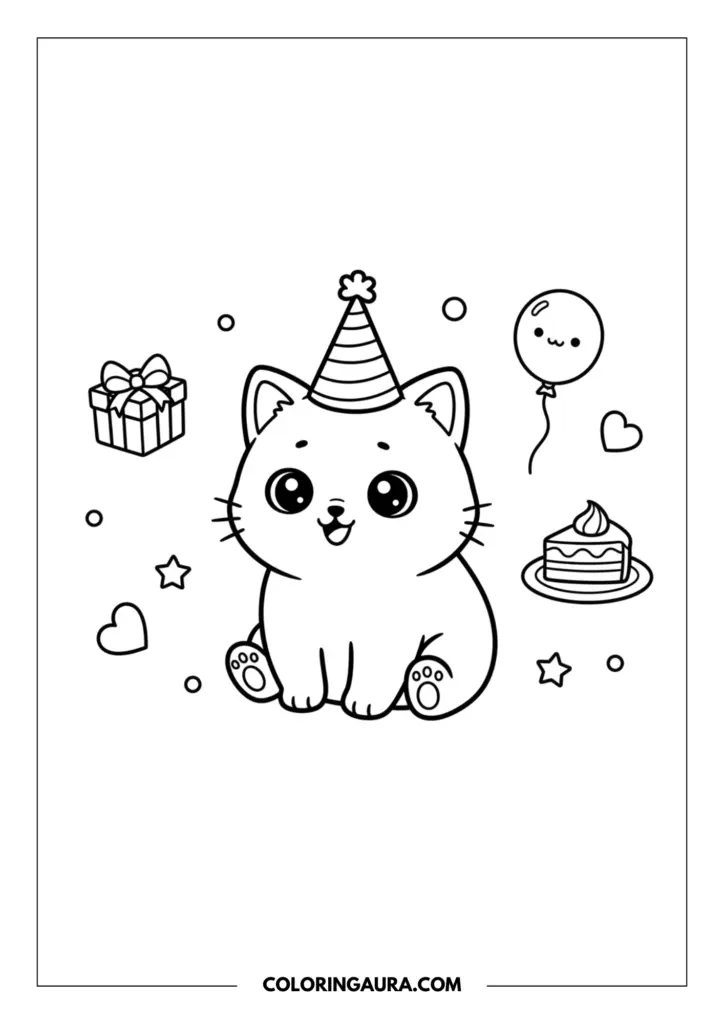 Outline of a sweet kitten celebrating a birthday, wearing a fun striped party hat. Surrounding the kitten are a wrapped gift box, a smiling balloon, a slice of birthday cake, hearts, and stars in a bold, easy-to-color cartoon style.