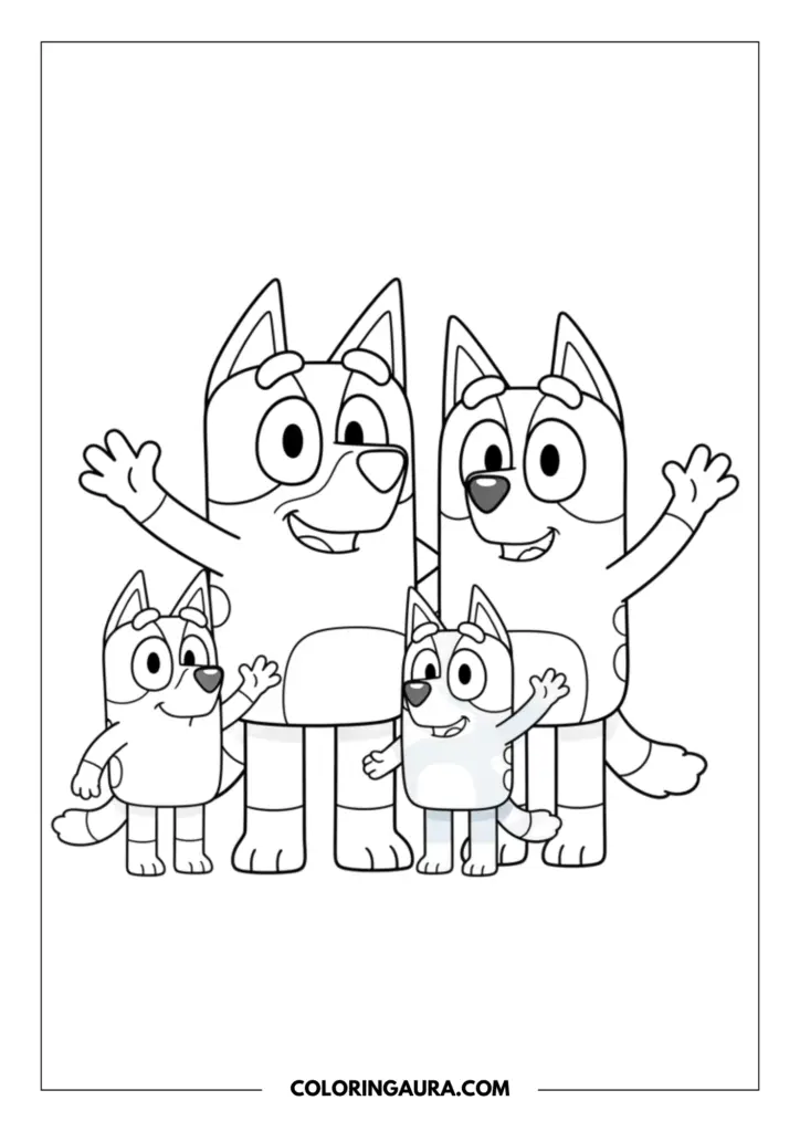 Outline of the entire Heeler family, including beautiful Chilli, Bandit, Bluey, and little Bingo, standing close together and happily waving hello. The bold, unshaded lines offer a heartwarming canvas for your soul to fill with joy and light.