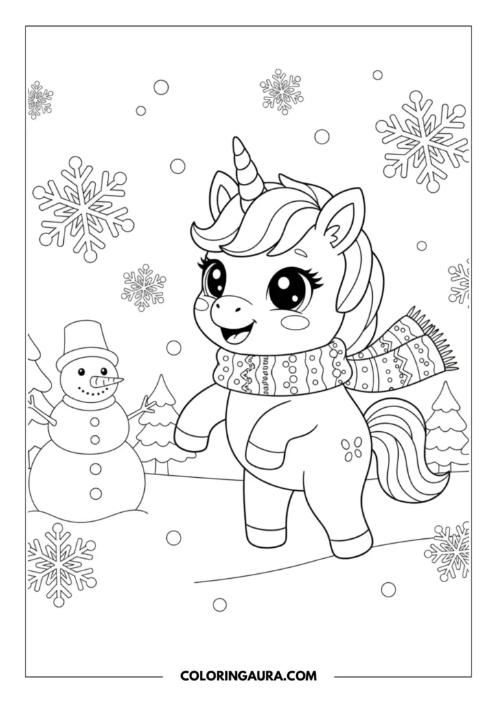 Outline of a cute baby unicorn with big sparkly eyes wearing a cozy winter scarf and playing in the snow. The dreamy winter scene features a happy snowman wearing a bucket hat, small pine trees, and large falling snowflakes in crisp black-and-white lines.