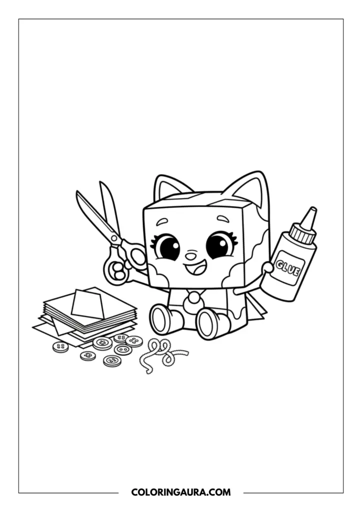 Line art coloring page showing Baby Box from Gabby's Dollhouse cheerfully holding a pair of craft scissors and a bottle of glue. She is surrounded by a wonderful pile of crafting paper, scattered buttons, and ribbons, inviting you to create your own colorful masterpiece.