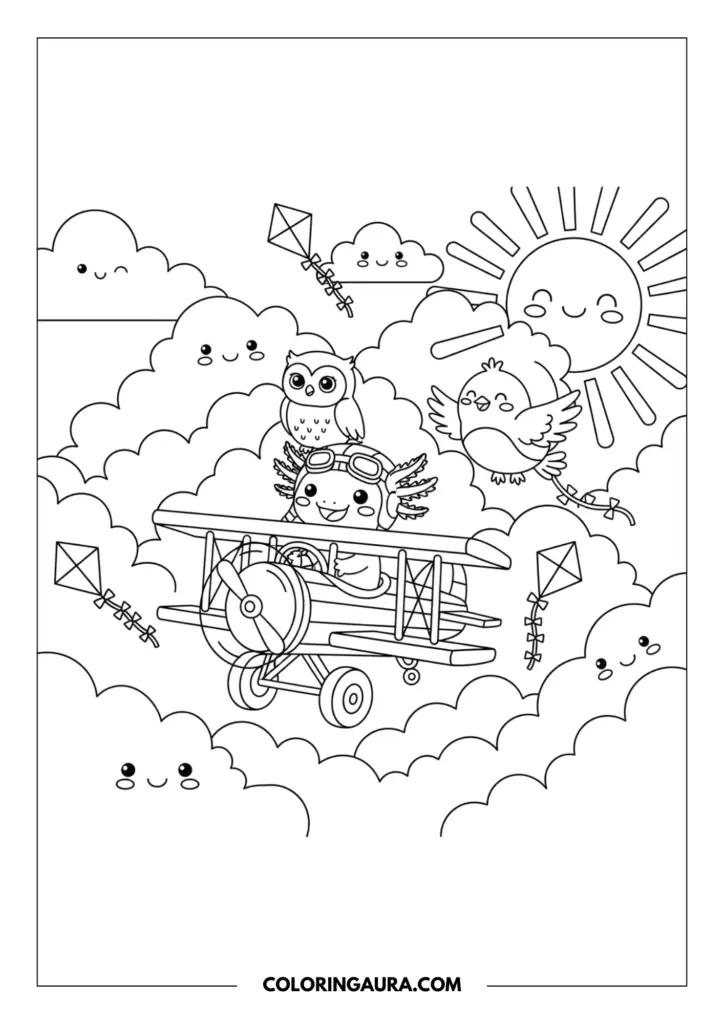 Line art coloring page showing a cute axolotl wearing aviator goggles flying a small wooden biplane through the sky. A friendly owl and a cheerful little bird fly alongside the plane. The background is filled with fluffy smiling clouds, soaring kites, and a big radiant sun. Clean, thick outlines in a simple kawaii style.