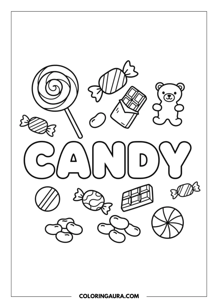 Line art coloring page showing a sweet candy doodle collage. The word "CANDY" is centered in chunky bubble letters, surrounded by cute outlines of a large swirl lollipop, wrapped hard candies, a chocolate bar, a smiling gummy bear, jellybeans, and a peppermint swirl.