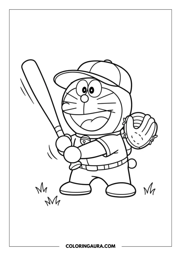 Line art coloring page showing Doraemon happily playing baseball. He is wearing a classic baseball cap, holding a wooden bat ready to swing, and wearing a catcher's glove on his back. Simple grass tufts sit at his feet in this clean, black-and-white vector style.