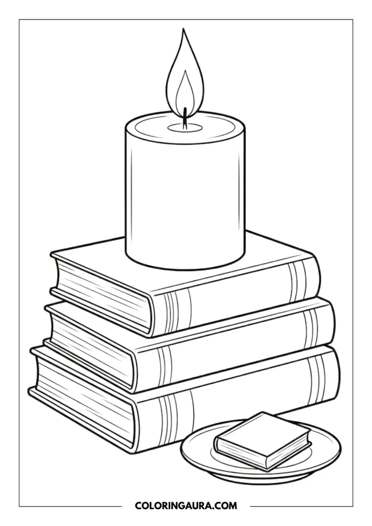 Line art coloring page showing a large lit pillar candle resting on a stack of three books with a small miniature book on a saucer nearby.