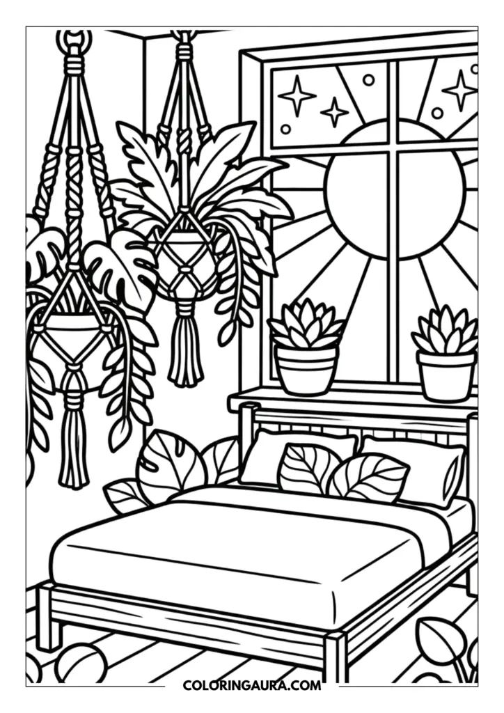 Outline of a cozy boho bedroom with a minimalist bed and large macramé hanging plants in front of a window showing a giant morning sun.