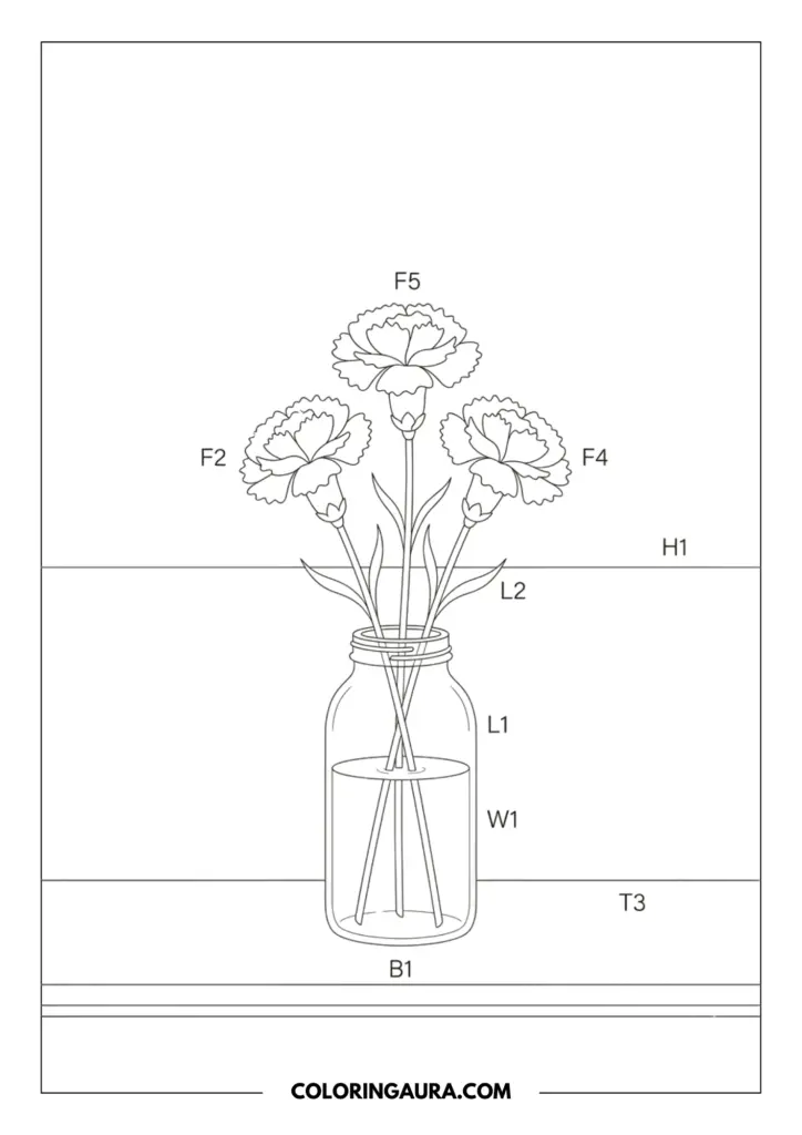 Line art coloring page showing three detailed carnations with ruffled petals in a clear glass mason jar, set against a minimalist horizon line background.