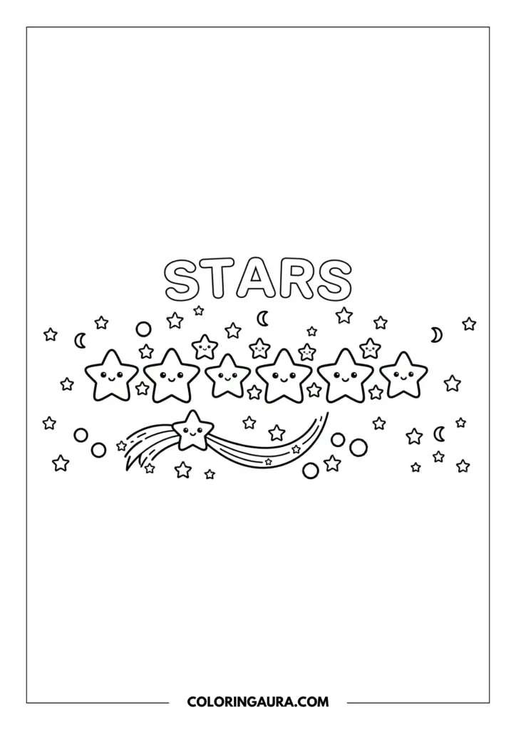 Line art coloring page showing a cluster of happy stars with sweet faces and one joyful shooting star with a trailing tail under the word STARS.
