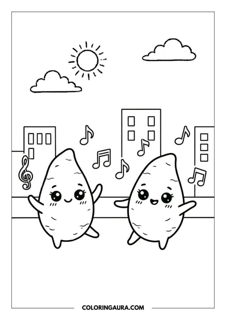 Line art coloring page showing two cute sweet potatoes with big sparkly kawaii eyes, dancing happily in a city setting. Musical notes float around them, with simple city buildings, a sun, and clouds in the background.