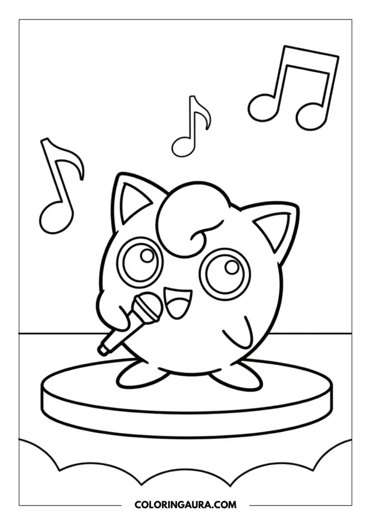 Outline of Jigglypuff holding a microphone and singing on a circular stage surrounded by floating musical notes and a dreamy sky.