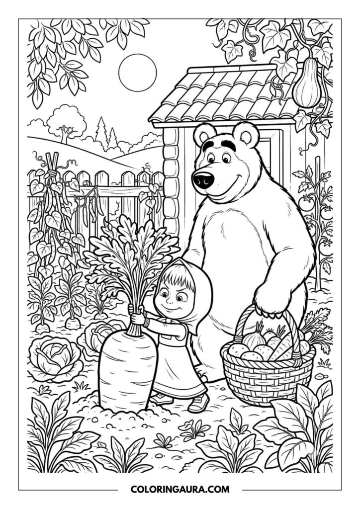 Line art coloring page showing Masha pulling on a giant carrot in a lush vegetable garden. The Bear stands behind her holding a basket of harvested vegetables near a rustic garden fence and house.