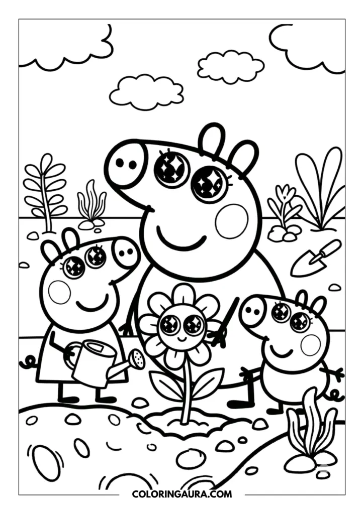 Line art coloring page showing the Pig family gardening together, with Peppa using a watering can to help a large, smiling flower grow toward the light.