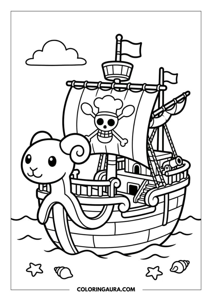 Outline of the Going Merry pirate ship featuring a cute sheep figurehead, a skull and crossbones flag on the sail, sailing across ocean waves with clouds in the sky.