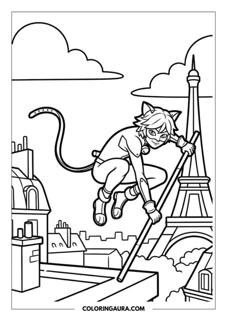 Line art coloring page showing Cat Noir leaping over Parisian rooftops using his staff, with the Eiffel Tower and fluffy clouds in the distance.
