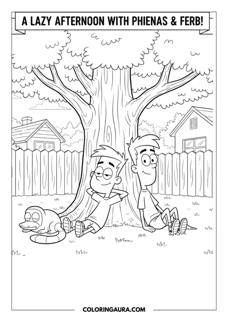 Outline of two brothers enjoying a peaceful, lazy afternoon relaxing against the trunk of a large, leafy tree in their backyard, with their pet platypus sleeping gently on the grass.