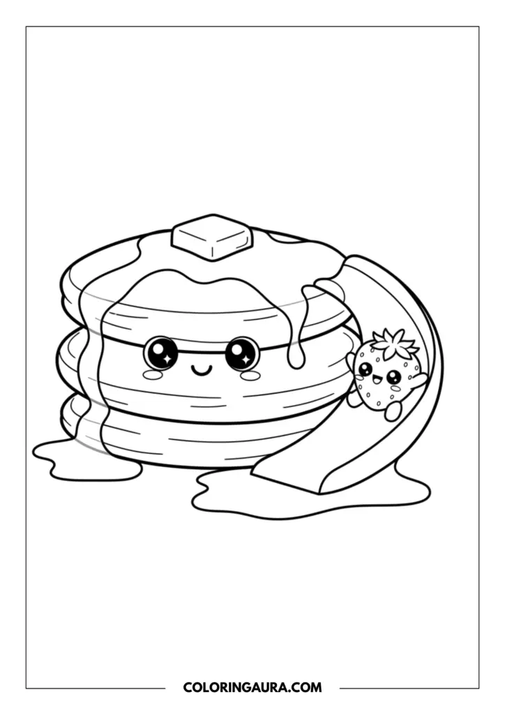 Outline of a dreamy stack of kawaii pancakes topped with a pat of butter and dripping syrup. A cheerful little strawberry character with sparkling eyes is joyfully going down a slide attached to the warm pancakes.