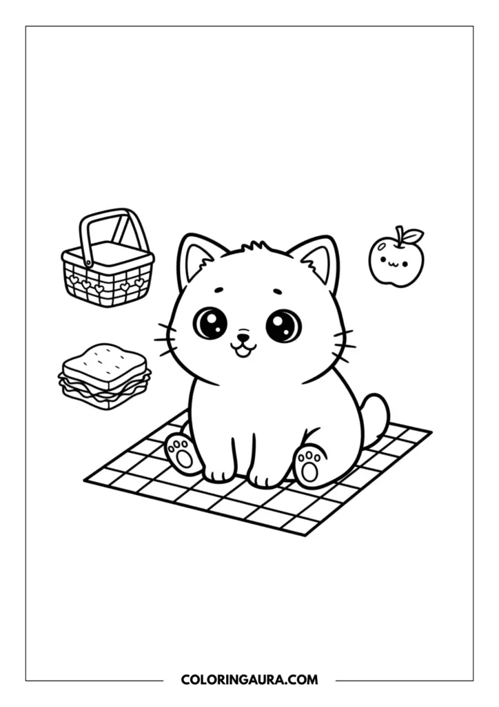 Line art coloring page showing an adorable little kitten sitting peacefully on a checkered picnic blanket. Beside the kitten are a cute woven picnic basket with heart details, a delicious sandwich, and a smiling apple, drawn with thick, bold outlines for easy coloring.