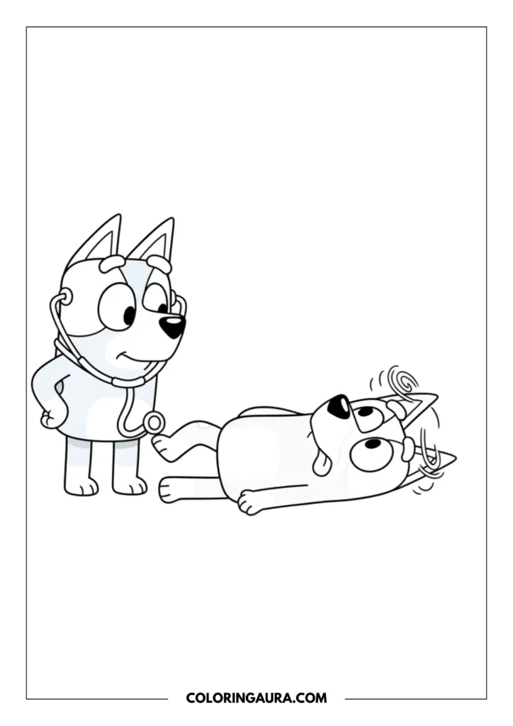 Line art coloring page showing Bluey wearing a cute toy stethoscope while playing doctor with her dad, Bandit, who is lying on the floor looking dizzy. This clean, unshaded drawing invites your soul to bring healing colors to a joyful family moment.