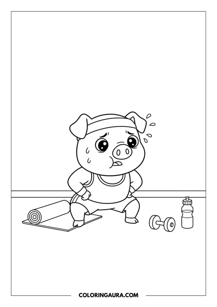 Line art coloring page showing a cute cartoon pig sweating and looking tired while doing a tough squat exercise. The determined little pig is wearing a sporty tank top, shorts, and a headband, working out on the floor near a rolled yoga mat, a dumbbell, and a water bottle.