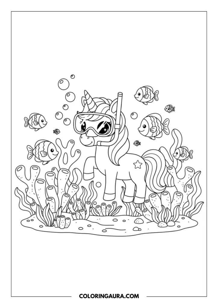 Line art coloring page showing a very cute baby unicorn with big sparkly eyes wearing a diving mask and snorkel. The underwater background is filled with beautiful coral reefs, floating bubbles, and cute smiling fish in an easy-to-color outline style.