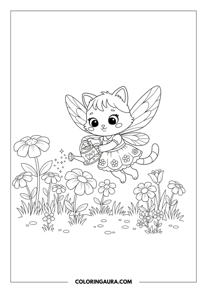 Outline of Kitty Fairy from Gabby's Dollhouse flying gently above a lovely blooming garden. She is wearing her sweet fairy dress and using a cute watering can to sprinkle magic onto the cheerful flowers below, perfect for a joyful and relaxing coloring journey.