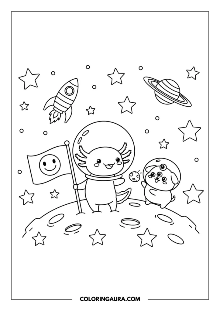 Line art coloring page showing a cute astronaut axolotl wearing a round space helmet, standing on the moon and holding a flag with a smiley face. A friendly, chubby three-eyed alien puppy stands nearby. The starry background features a toy-like rocket ship soaring through space and a beautiful ringed planet. Clean, thick outlines in a simple kawaii style.