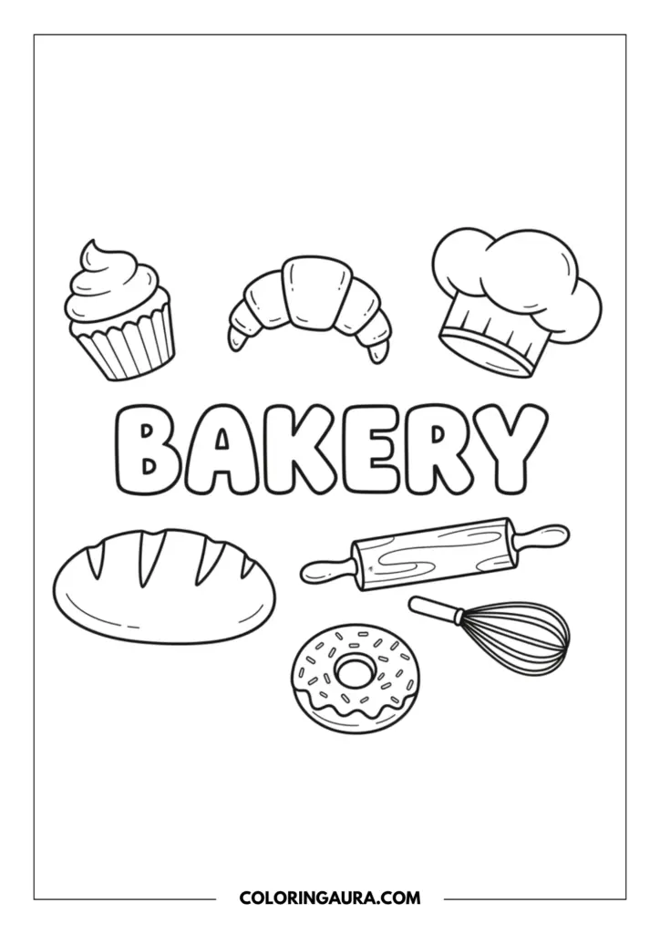 Outline of a sweet bakery doodle collage. The word "BAKERY" is centered in chunky bubble letters, surrounded by simple line art of a swirly cupcake, a flaky croissant, a fluffy chef's hat, a fresh loaf of bread, a rolling pin, a wire whisk, and a sprinkled donut.