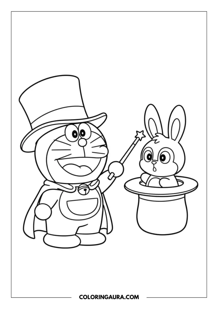 Line art coloring page showing Doraemon dressed as a whimsical magician. He wears a tall top hat and a flowing cape, waving a star-tipped magic wand over a classic magician's hat where a cute little bunny has popped out. Thick, clean outlines ready for your colors.
