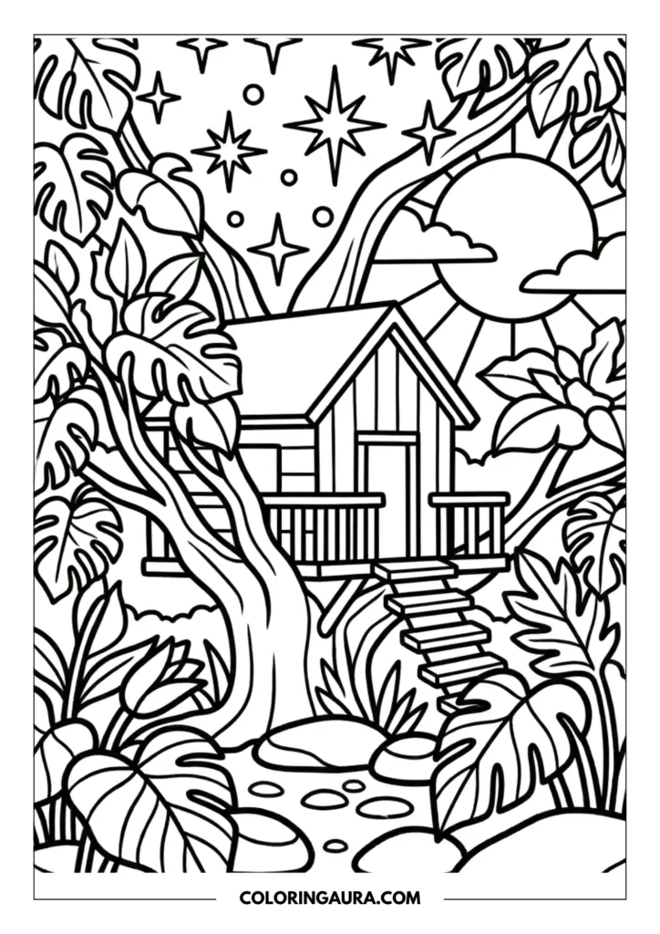 Outline of a whimsical wooden treehouse nestled in a leafy tree, surrounded by large monstera leaves under a sky with a bold sun and stars.