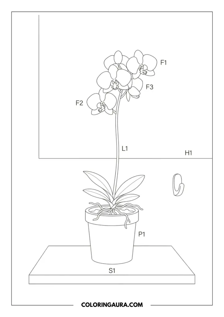 Line art coloring page showing a single elegant orchid stem with blooming flowers in a simple ceramic pot, resting on a wooden shelf in a minimalist room.
